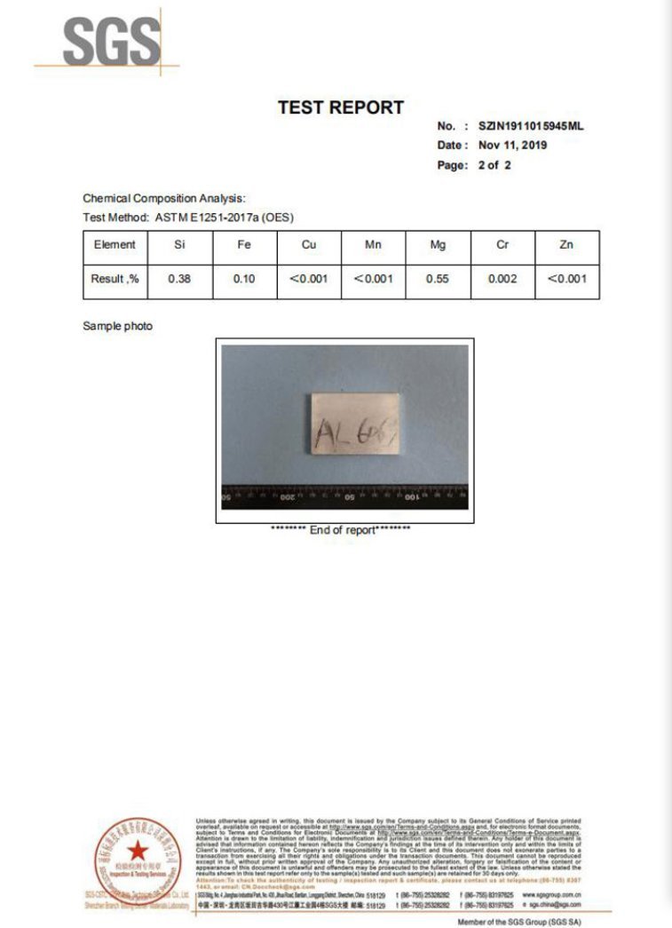 SGS chemical composition analysis report number SZIN1911015945ML for 6061 aluminium, test method ASTM E1251-2017