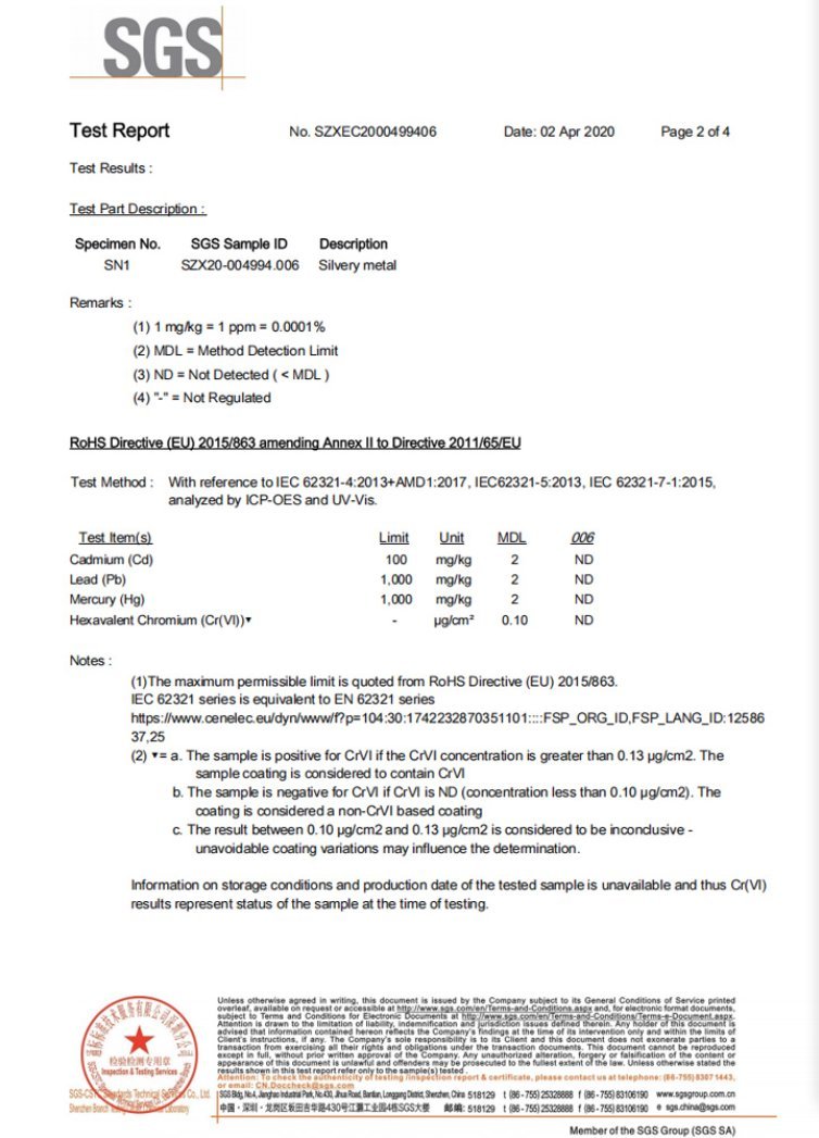 SGS RoHS test report number SZXEC2000499406 for a silver metal sample, cadmium lead mercury and hexavalent chromium all not detected
