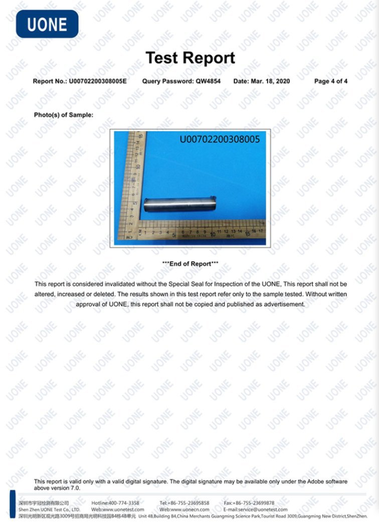 Independent third-party test report number U00702200308005E from Shenzhen UONE Test for a machined metal sample